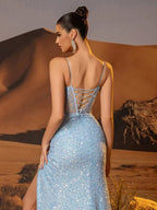 Sky Blue Mermaid Sweetheart High-Slit Applique Sky Floor-Length Prom Dress