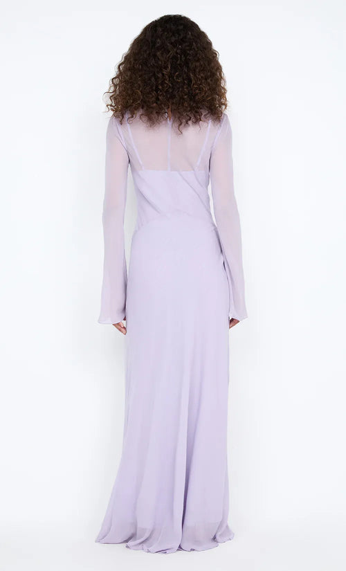 Robe de soirée longue pour femme, délicate, coupe trapèze, col ras du cou, manches longues transparentes, dos superposé