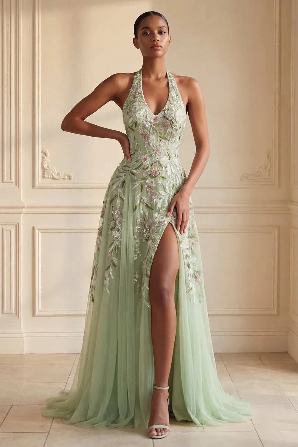 Delicate A-Line Halter Sleeveless Floral Maxi Evening Dress