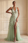 Delicate A-Line Halter Sleeveless Floral Maxi Evening Dress