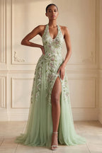 Delicate A-Line Halter Sleeveless Floral Maxi Evening Dress