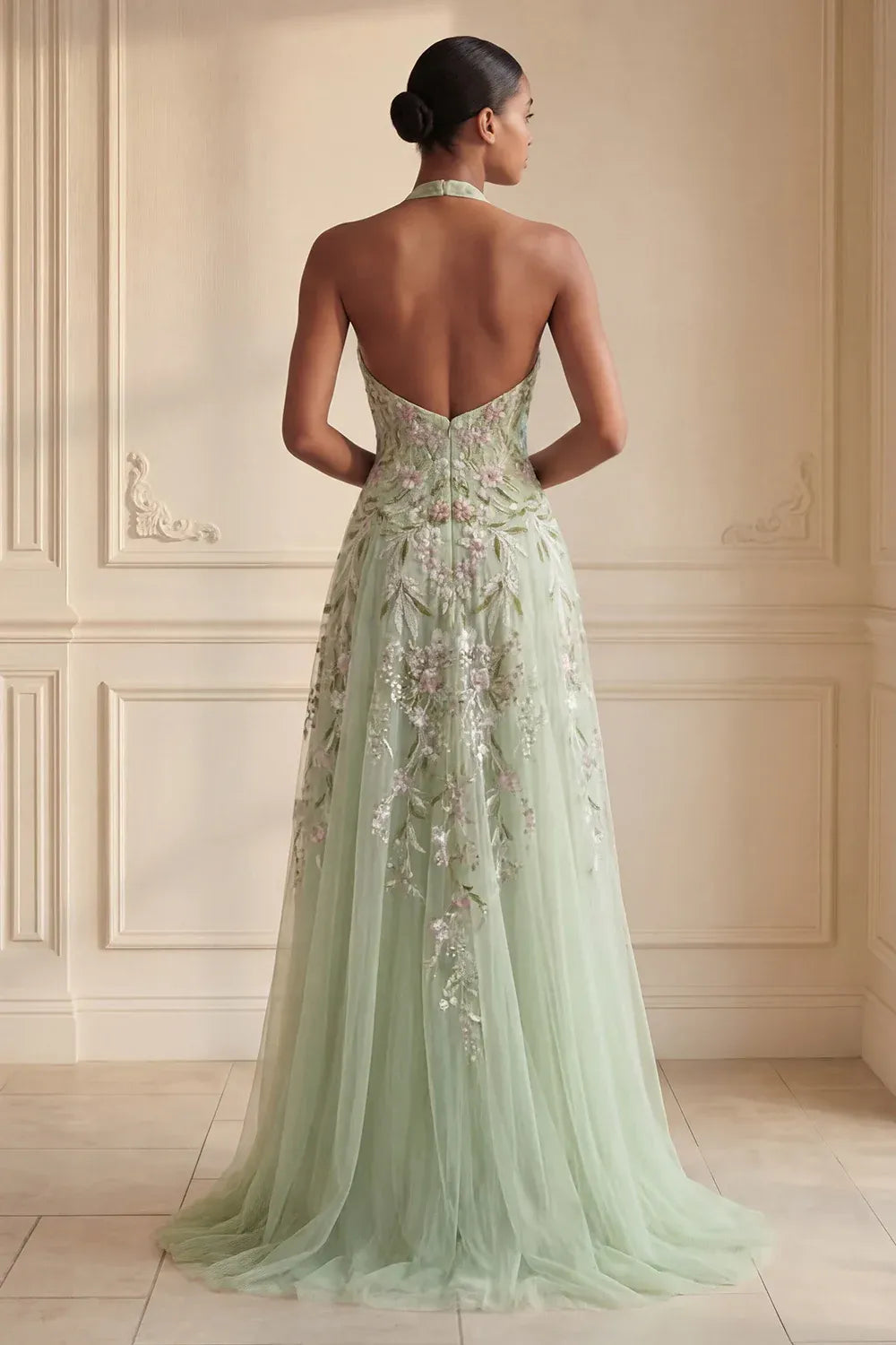 Delicate A-Line Halter Sleeveless Floral Maxi Evening Dress