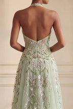 Delicate A-Line Halter Sleeveless Floral Maxi Evening Dress