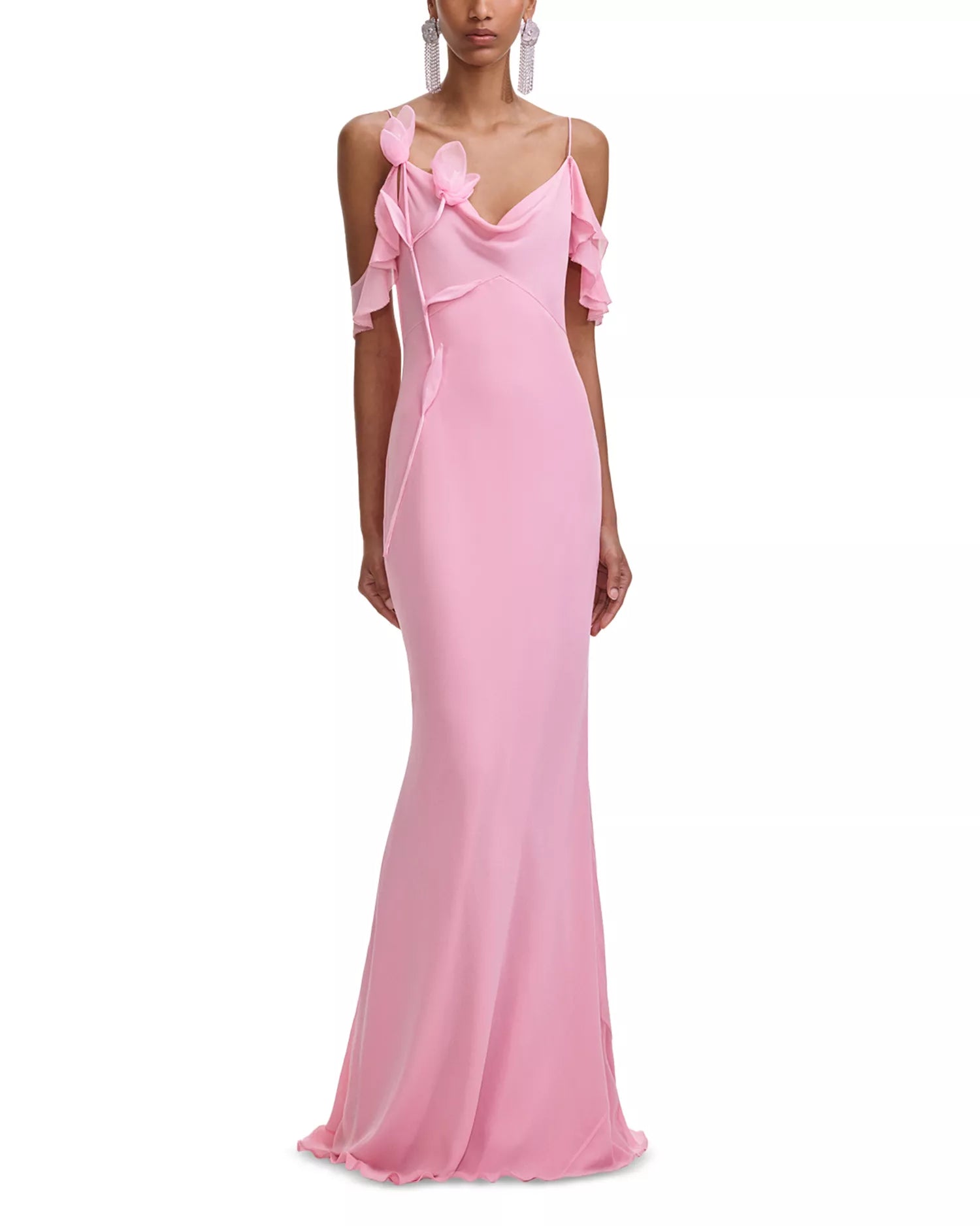 Delicate Floral Accent V Neck Cold Shoulder Spaghetti Strap Open Back Floor Length Hot Sale Prom Dress