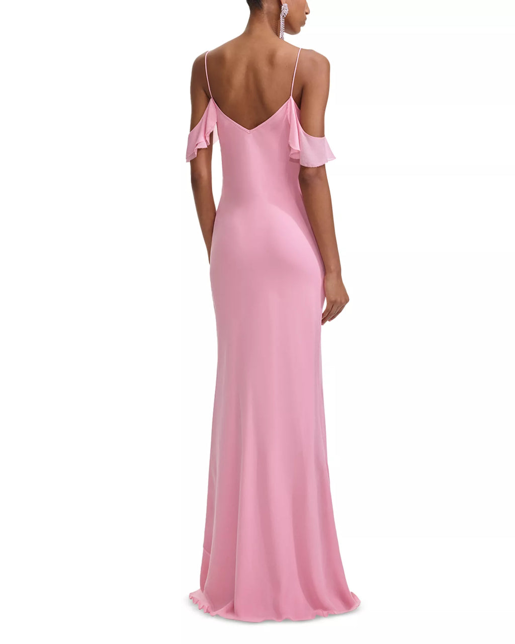 Delicate Floral Accent V Neck Cold Shoulder Spaghetti Strap Open Back Floor Length Hot Sale Prom Dress