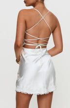 Delicate Lace Trimmed V Neck Sleeveless Lace Up Back Short Length Homecoming Dress