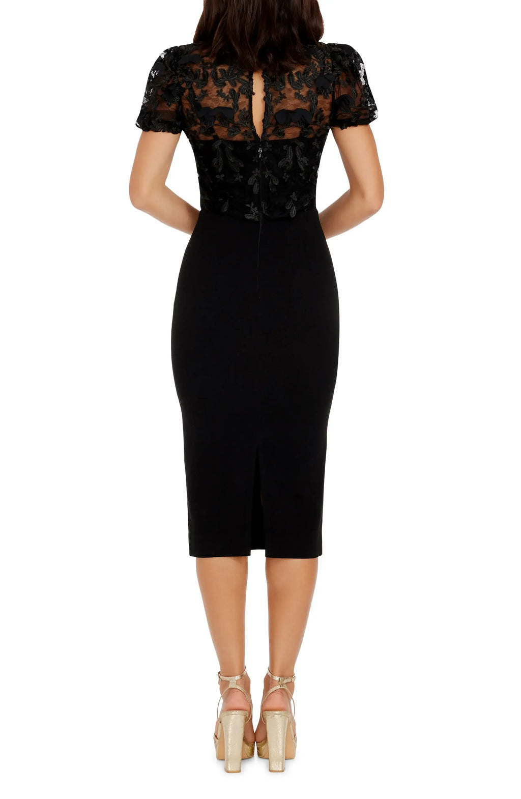Delicate Sheath Crew Neck Short Sleeve Keyhole Back Midi Evening Dress