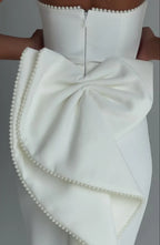 Delicate Sheath Strapless Pearl Trim Bow Back Floor Length For Ladies Evening Dress