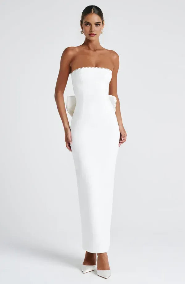 Delicate Sheath Strapless Pearl Trim Bow Back Floor Length For Ladies Evening Dress