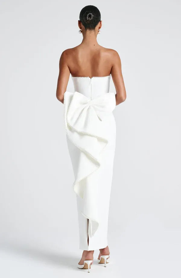 Delicate Sheath Strapless Pearl Trim Bow Back Floor Length For Ladies Evening Dress
