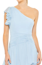 Delightful A Line One Shoulder Ruffle Sleeve Ruched Back Floor Length Evening Dress