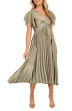 Delightful A Line V Neck Ruffle Short Sleeve Solid Back Midi Evening Dress