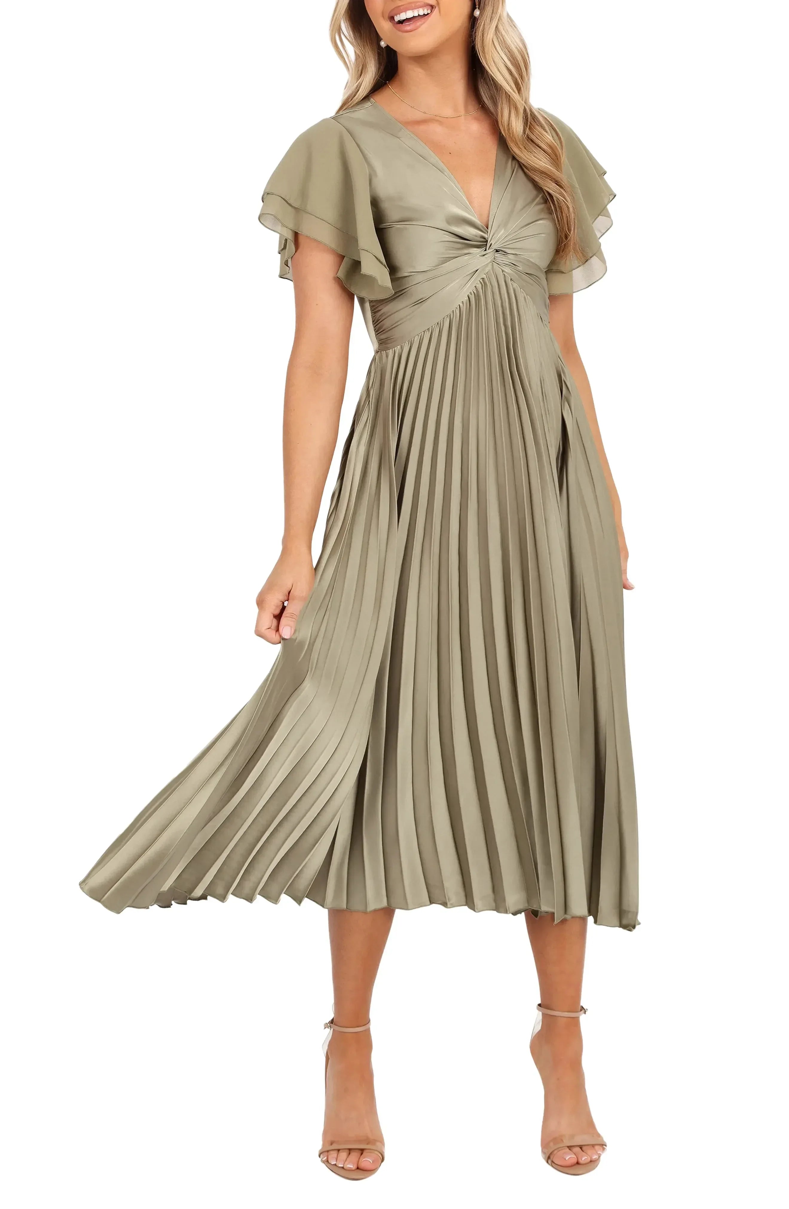 Delightful A Line V Neck Ruffle Short Sleeve Solid Back Midi Evening Dress