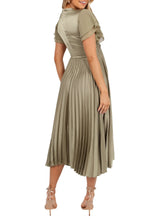 Delightful A Line V Neck Ruffle Short Sleeve Solid Back Midi Evening Dress