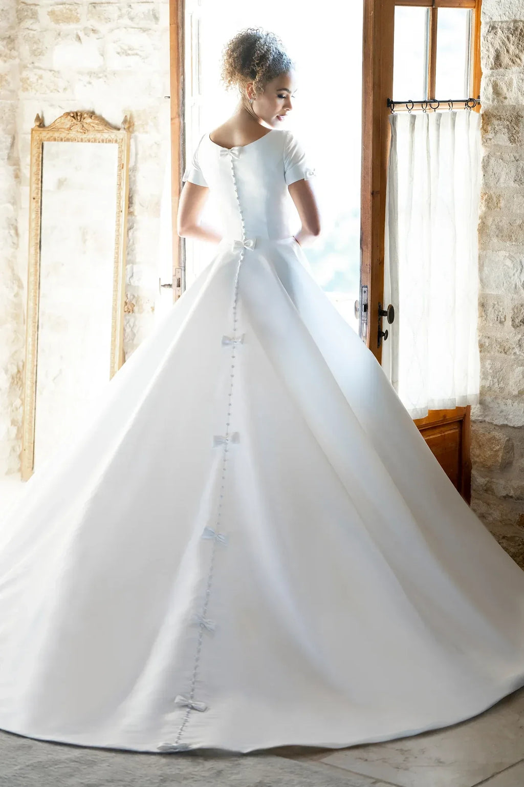 Delightful Ball Gown Keyhole Neck Short Sleeve Bow Back Floor Length Wedding Dress