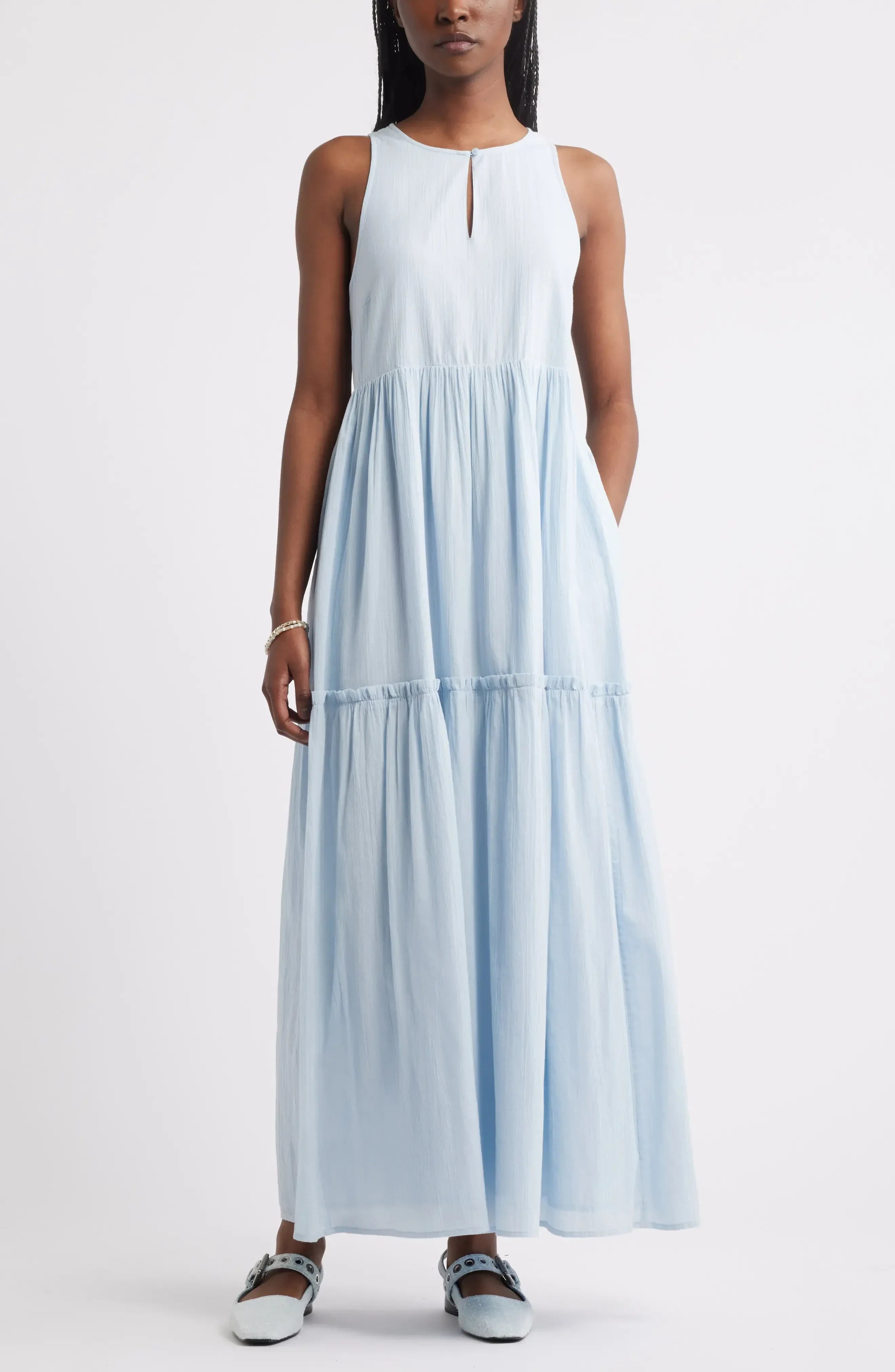 Delightful Empire Keyhole Neck Sleeveless Plain Back Floor Length Evening Dress