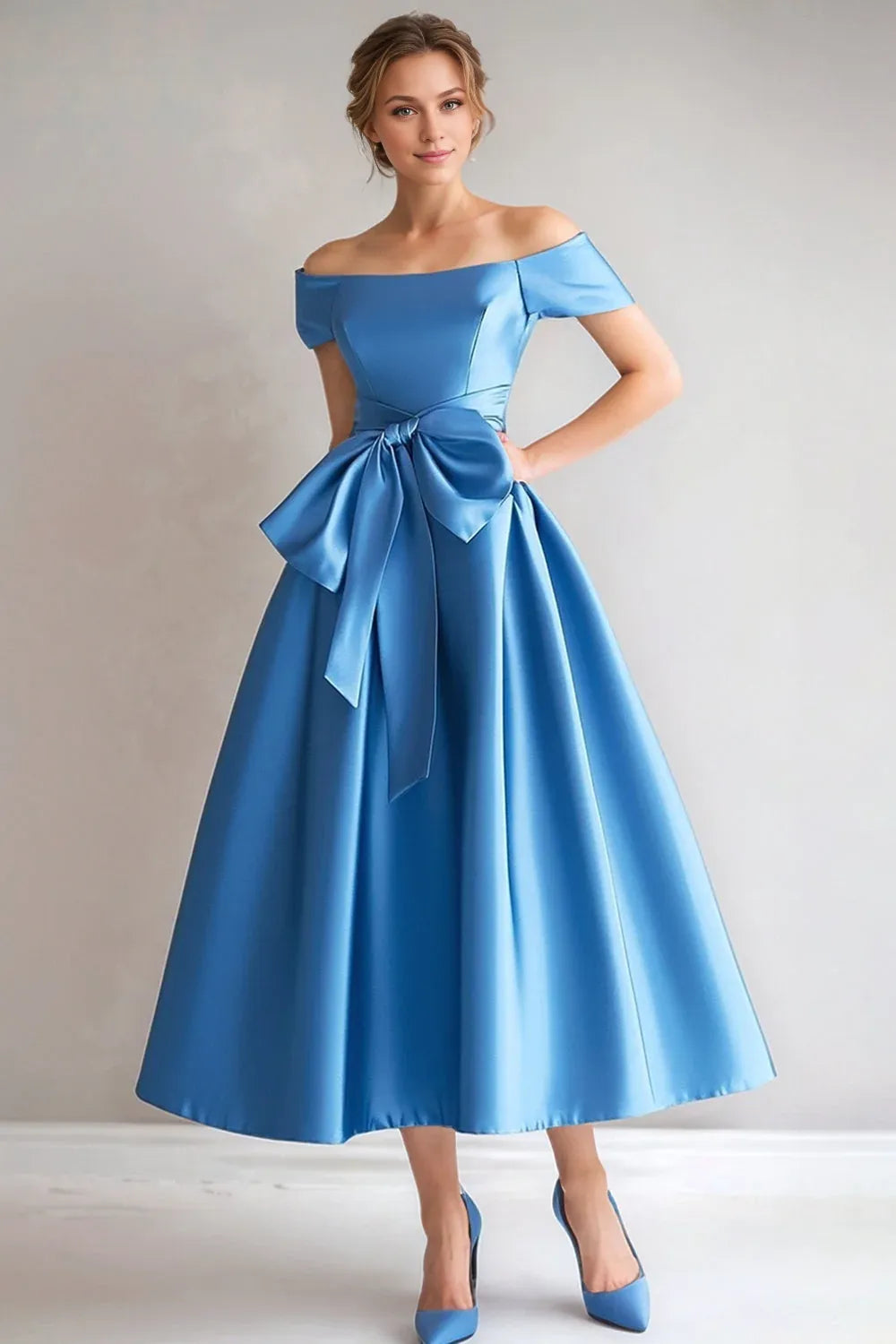 Discount A-Line Off the Shoulder Short Sleeve Zipper Up Tea Length Mother of the Bride Dress