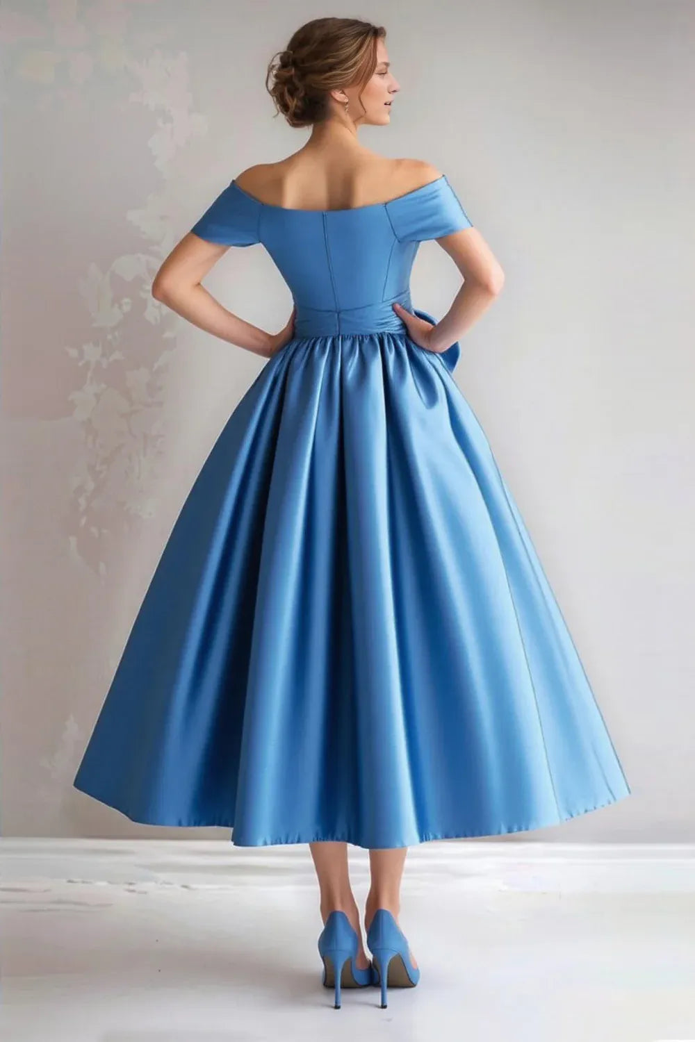 Discount A-Line Off the Shoulder Short Sleeve Zipper Up Tea Length Mother of the Bride Dress