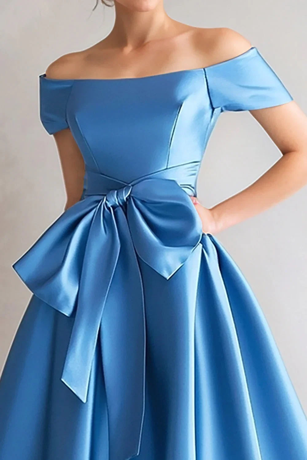 Discount A-Line Off the Shoulder Short Sleeve Zipper Up Tea Length Mother of the Bride Dress