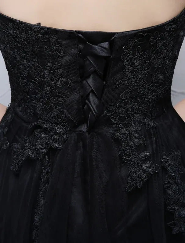 Prom Dress For Prom Night Glamorous A-Line Floor-Length Strapless Black Lace Appliques With Sheer Tulle Overlay