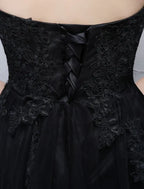 Prom Dress For Prom Night Glamorous A-Line Floor-Length Strapless Black Lace Appliques With Sheer Tulle Overlay
