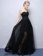 Prom Dress For Prom Night Glamorous A-Line Floor-Length Strapless Black Lace Appliques With Sheer Tulle Overlay