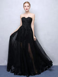 Prom Dress For Prom Night Glamorous A-Line Floor-Length Strapless Black Lace Appliques With Sheer Tulle Overlay