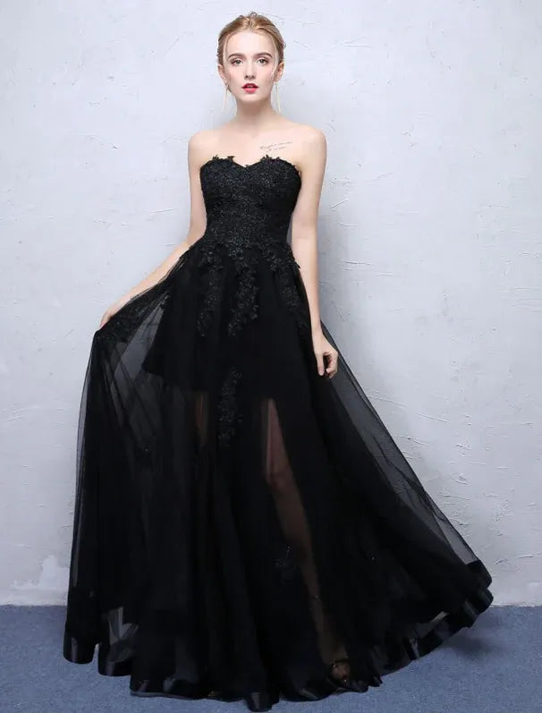 Prom Dress For Prom Night Glamorous A-Line Floor-Length Strapless Black Lace Appliques With Sheer Tulle Overlay