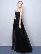 Prom Dress For Prom Night Glamorous A-Line Floor-Length Strapless Black Lace Appliques With Sheer Tulle Overlay