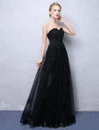 Prom Dress For Prom Night Glamorous A-Line Floor-Length Strapless Black Lace Appliques With Sheer Tulle Overlay