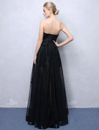 Prom Dress For Prom Night Glamorous A-Line Floor-Length Strapless Black Lace Appliques With Sheer Tulle Overlay