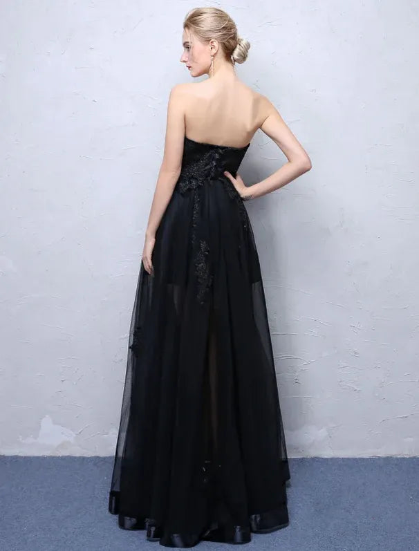 Prom Dress For Prom Night Glamorous A-Line Floor-Length Strapless Black Lace Appliques With Sheer Tulle Overlay