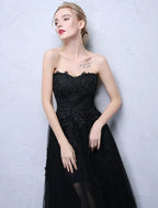 Prom Dress For Prom Night Glamorous A-Line Floor-Length Strapless Black Lace Appliques With Sheer Tulle Overlay