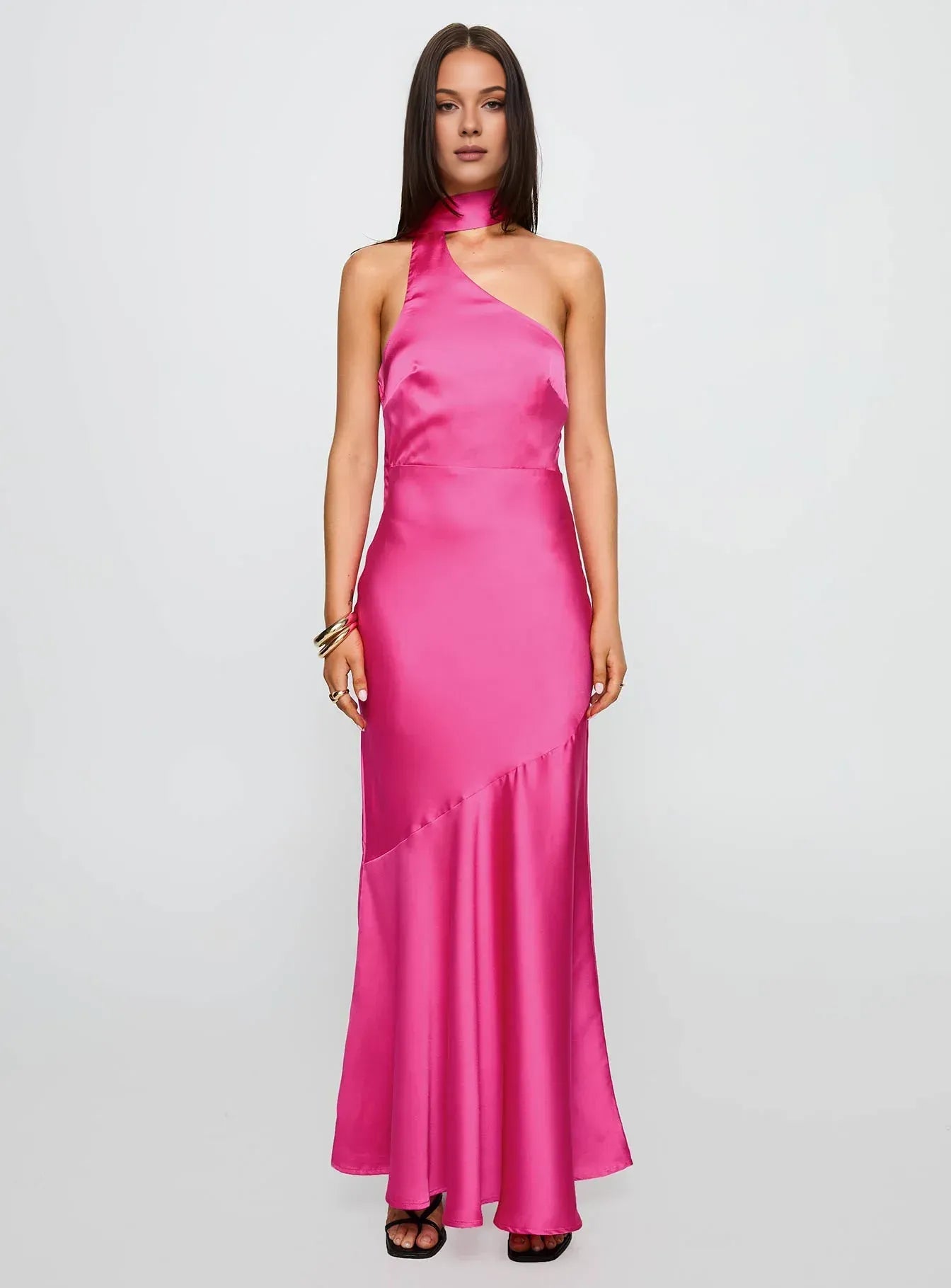 Discount Fitted Scarf Neck Sleeveless Floor-Length Prom Dress