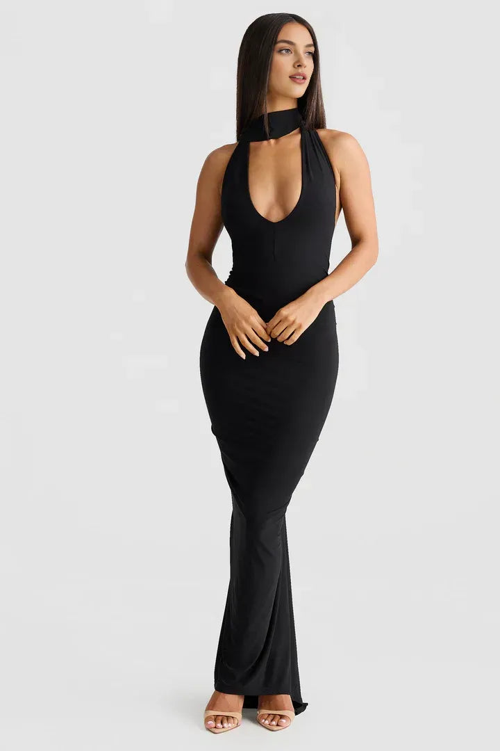 Discount Fitted V Neck Sleeveless Backless Floor-Length Prom Dress