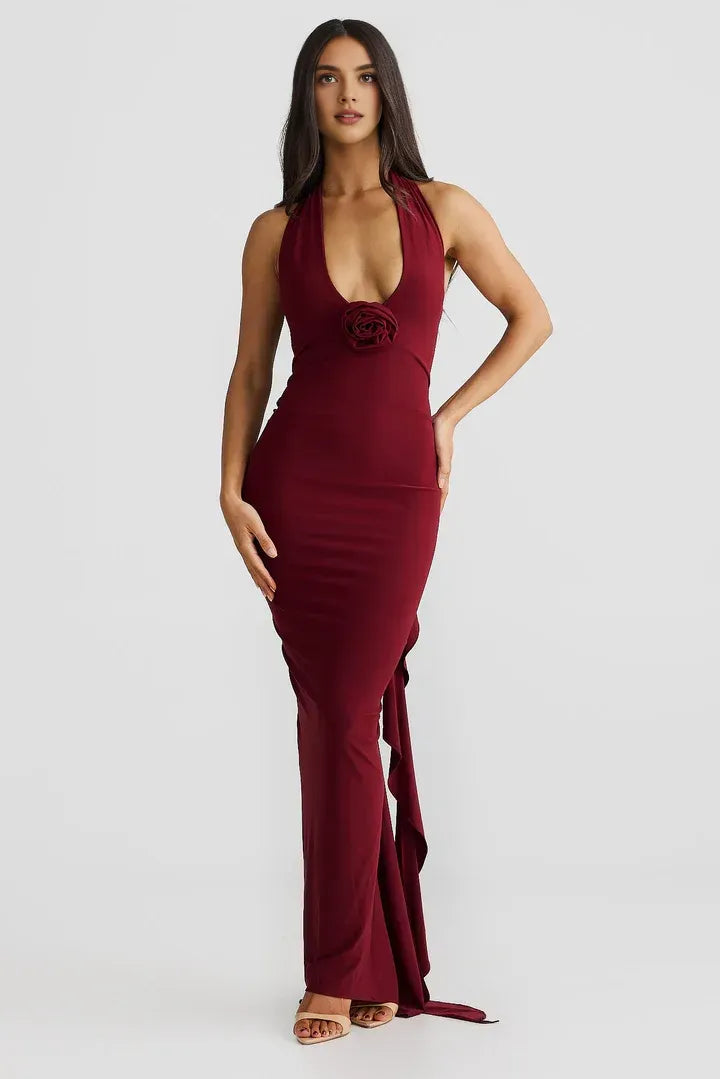 Inexpensive Fitted V Neck Sleeveless Backless Floor-Length Prom Dress