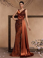 Discount Glamorous Mermaid V-Neck Sequin Satin Brick Red Train Evening Dress Buy