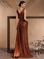 Discount Glamorous Mermaid V-Neck Sequin Satin Brick Red Train Evening Dress Buy