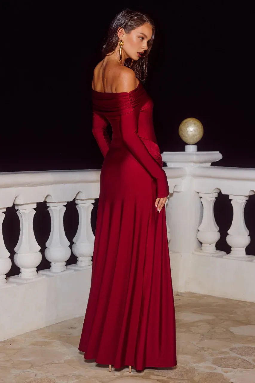 Discount Sheath Off the Shoulder Long Sleeve Backless Floor-Length Prom Dress