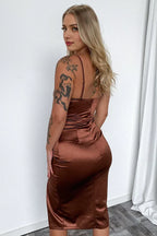 Discount Sheath Spaghetti Straps Sleeveless Pleated Backless Tea Length Prom Dress
