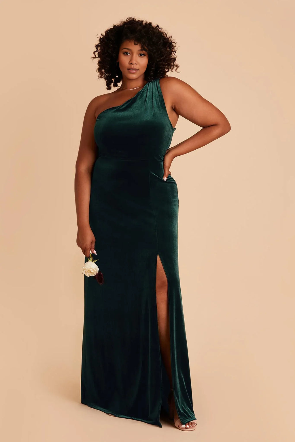 Discount A-Line One Shoulder Sleeveless Velvet Slit Maxi Bridesmaid Dress