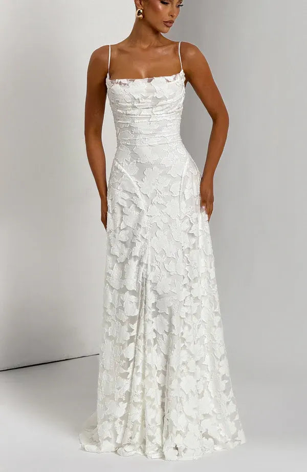 Distinct A Line Square Neck Spaghetti Strap Crisscross Lace Up Back Floor Length For Ladies Prom Dress