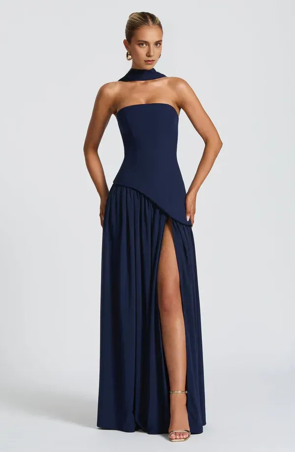 Distinct A Line Strapless Choker Sash Lace Up Back High Slit Floor Length For Ladies Prom Dress