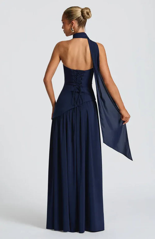 Robe de bal longue pour femme, coupe trapèze, bustier, ras du cou, ceinture, laçage au dos, fente haute.