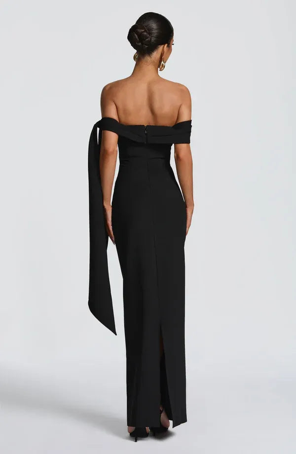 Distinct Sheath Off Shoulder Sash Detail Back Zipper High Slit Floor Length For Ladies Prom Dress