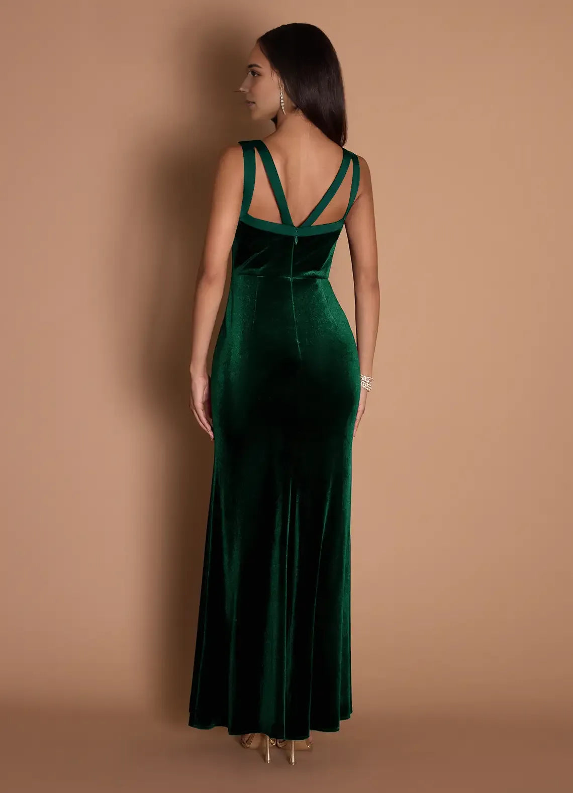 Double Strap V Neck Velvet Sheath Open Back Floor Length Hot sale Prom Dress