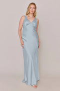 Double Cowl Neck Satin Bridesmaid Dress with Wide Straps, Draped Open Back & Slim Floor-Length Silhouette