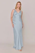 Double Cowl Neck Satin Bridesmaid Dress with Wide Straps, Draped Open Back & Slim Floor-Length Silhouette