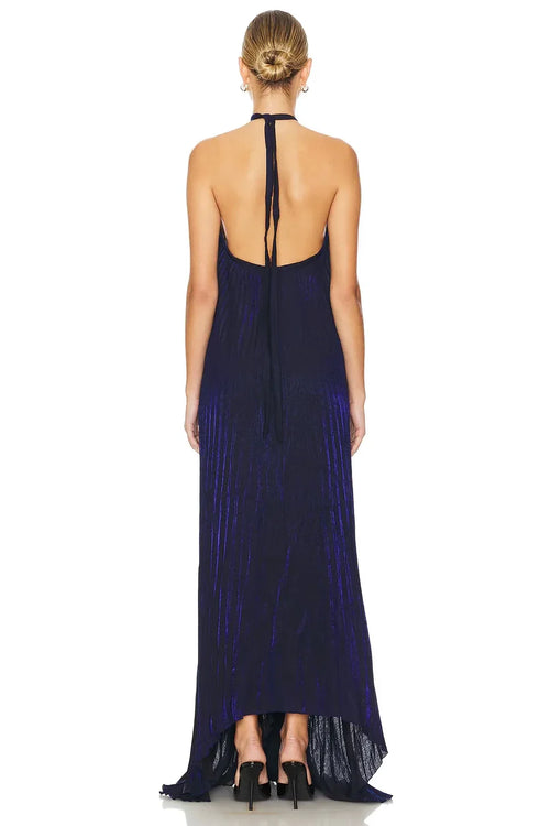 Robe de bal spectaculaire coupe trapèze à licou avec dos nu à nouer et longueur asymétrique