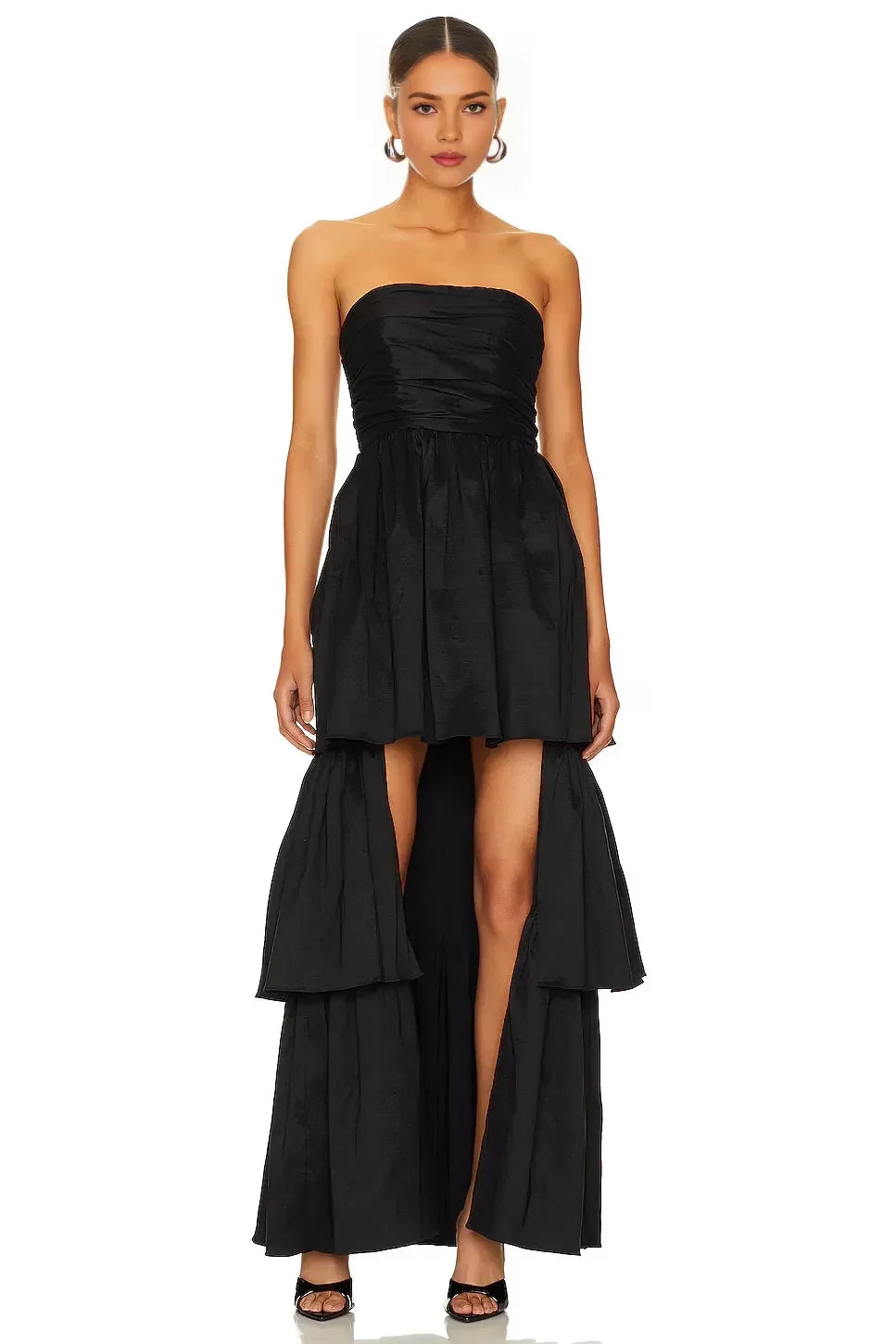 Dramatic A Line Strapless Sleeveless Tiered Detail Floor Length Prom Dress